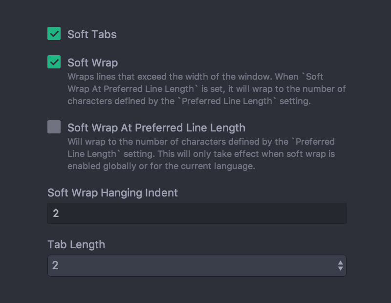Whitespace and wrapping preferences settings